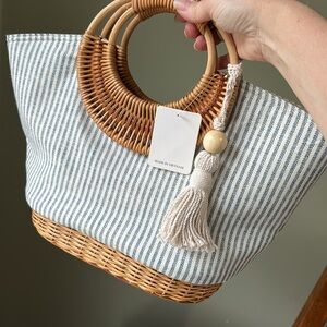 Straw Studios Round Rattan Handle Cotton Bag Basket Base Zip Top  Tassel New